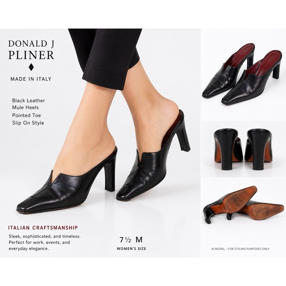Donald J Pliner Black Leather Mules Heels Pointed Toe Italy Women's 7.5M Slip On - Picture 2 of 10